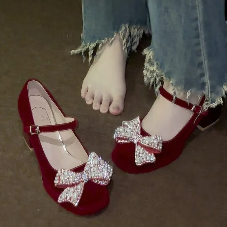 أحذية الزفاف الحمراء كعب مكتنز مزاجه الراقية غير متعب أقدام القوس ماري جين العروس عالية الكعب النساء #4