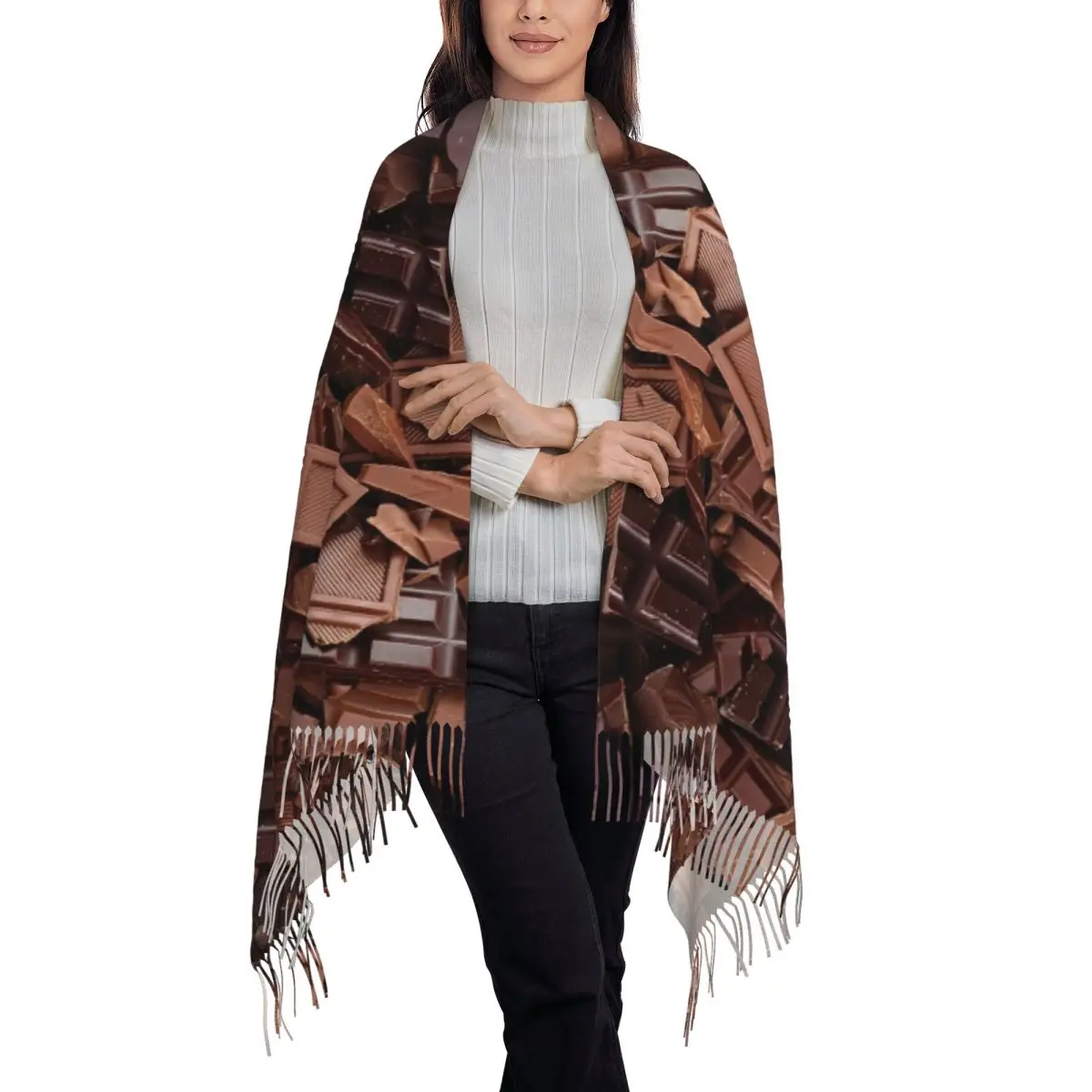وشاح للسيدات يحافظ على الدفء أوشحة رأس حلوى الشوكولاتة الحلوة مع شالات غير رسمية بشرابة لف مصمم الشتاء Bufanda Mujer