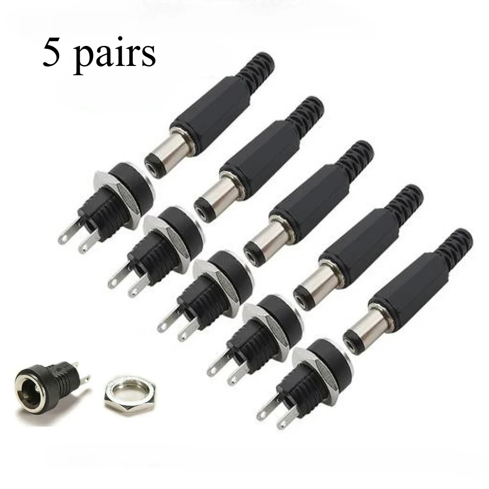 5 Pairs DC Male Jack Plug Female Socket Nut Panel Mount 5.5x2.1mm DC-022B Copper Core DC Power Socket Connectors Terminals