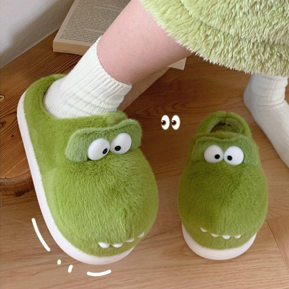 Plush Crocodile Slippers Closed Toe Slippers Comfortable Fuzzy Alligator Slippers Non-Slip Furry Walking Shoes for Autumn Winter