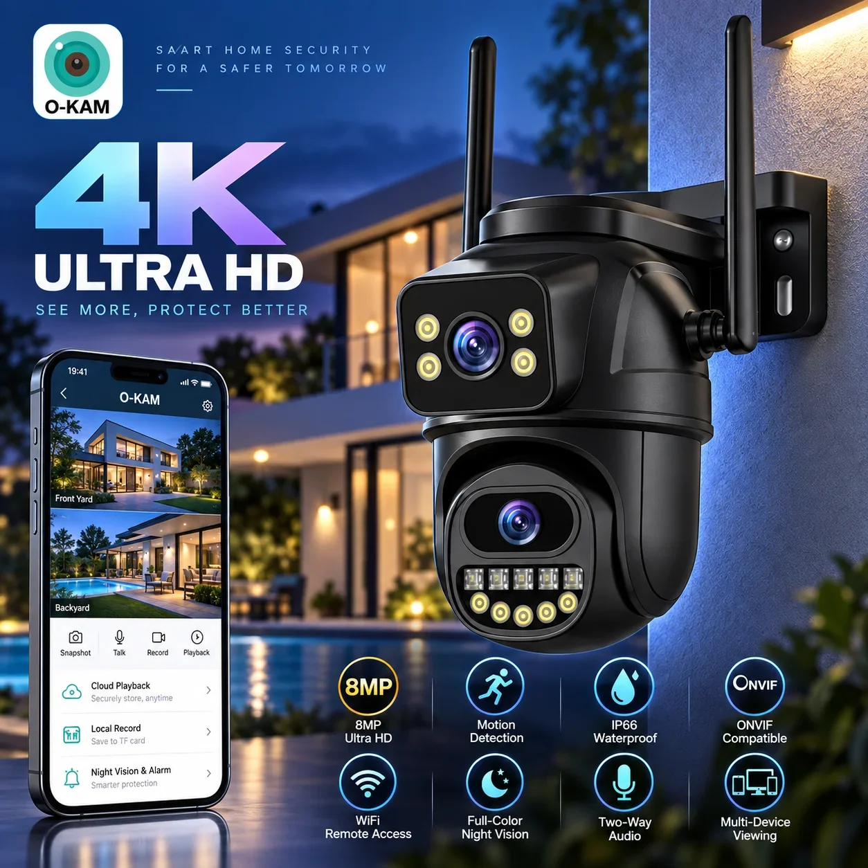 8MP 4K WiFi Dual Lens PTZ Security Camera Outdoor IP Camera AI Human Detection 4X Digital Zoom ONVIF BELIA