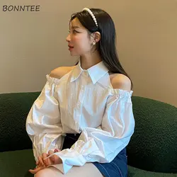 White Shirts Women Off Shoulder Long Sleeve Spring Tops All-match Solid Minimalist Tender Cute Sweet Preppy Korean Style Camisas