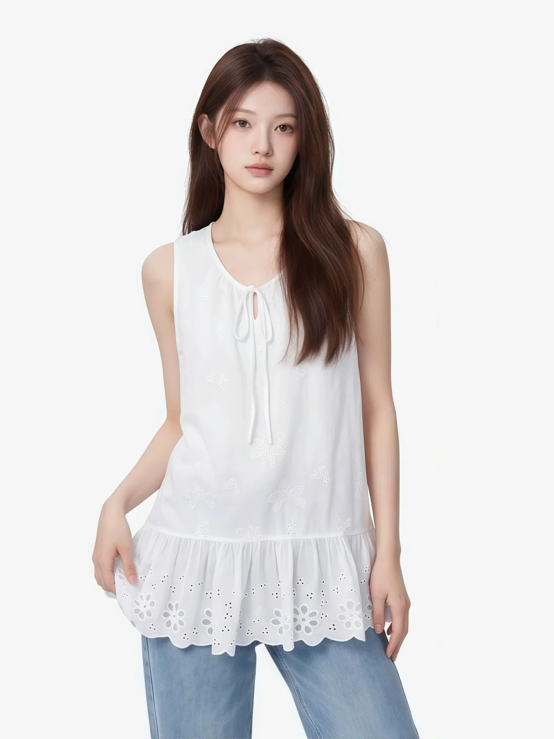 Soft Wind Hollow out Lace Sleeveless Vest plus Size Women's White Belt Splicing Slimming Top 300 Pounds Extra Large Women's C...