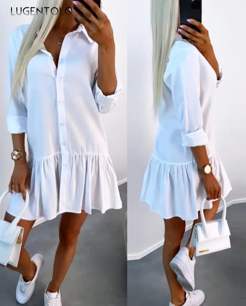 

Women Shirt Lapel Dress Single-breasted Solid Long Sleeve Spring Female Casual New Simple Street Short Dress Lugentolo