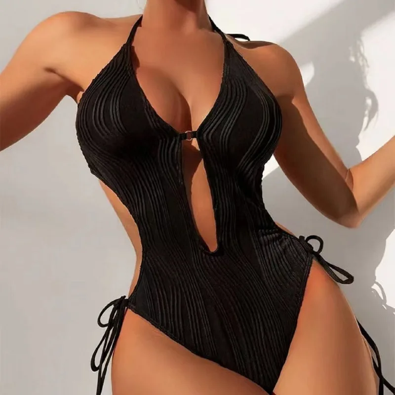 

Trendy Euro-American Sexy Swimwear, One Piece Triangle Bottom, Adjustable Drawstring Cutout Side Open Back Form-Fitting Suit