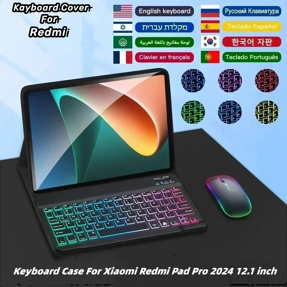 

Backlit Keyboard Case for Xiaomi Redmi Pad Pro 2024 12.1 Inch Russian Portuguese Spanish Keyboard Cover Funda for Redmi Pad Pro