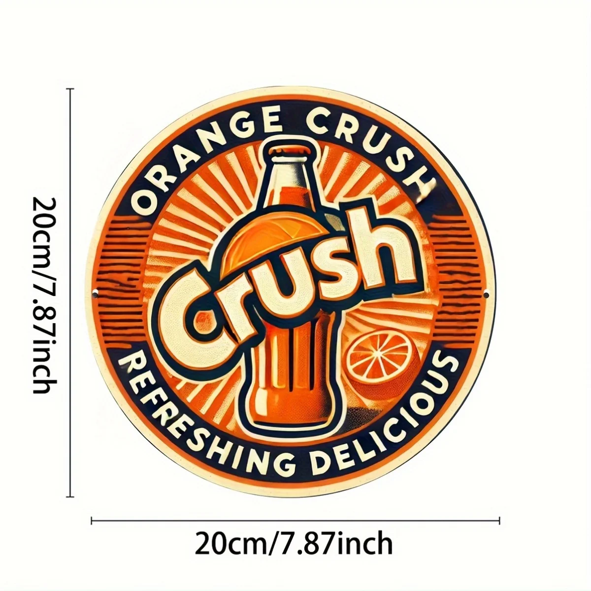 2D Flat - 1pc Orange Crush 2D Metal Sign, 8x8 Inch Round Aluminum Wall Art, Vintage Soda Design with Radiant Sunburst Background