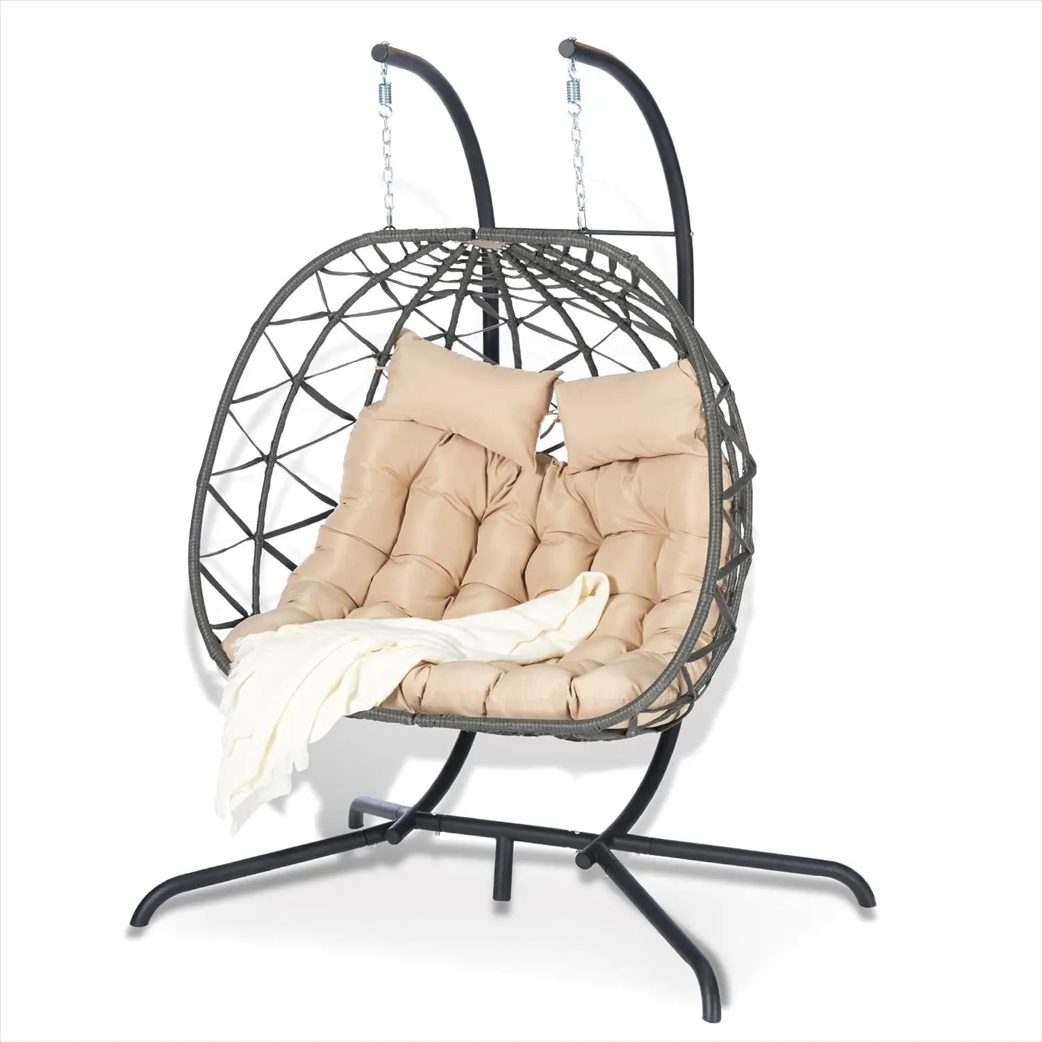 

Double Swing Egg Chair with Stand, Large Indoor/Outdoor Wicker Patio Twins Basket for 2 Person, Rattan Hammock