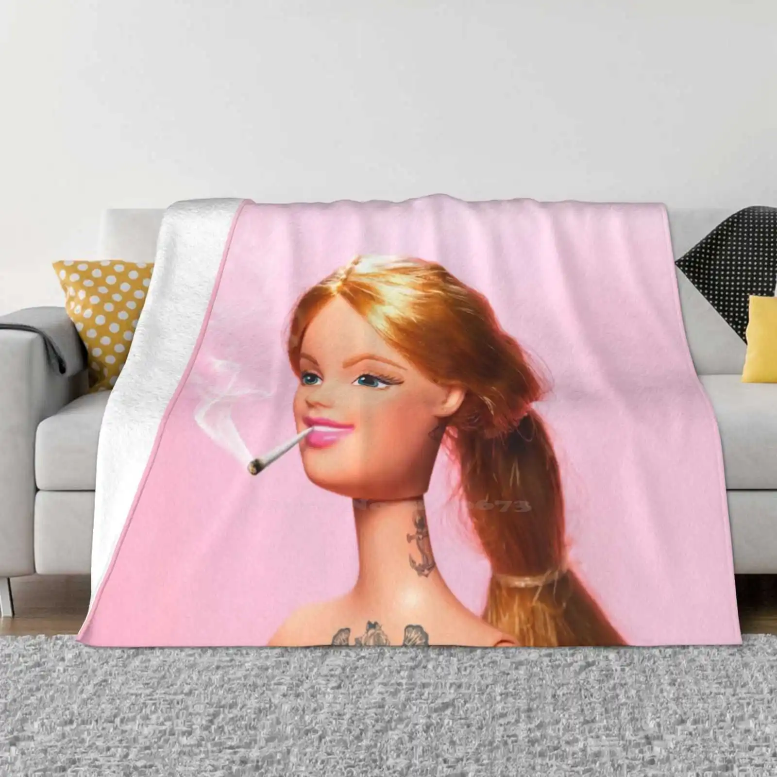 Doll Grown Up Blanket Soft Warm Travel Portable Blanket Doll Tattoo Fun Humour Pink Contemporary Pop Art Minimalism Surrealism