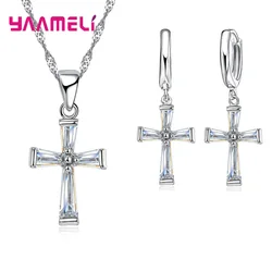 Top Sale S925 Sterling Silver Jewelry Set Trendy Cubic Zircon Cross Necklace/Earrings/Chain/Pendant for Women Nice Gift