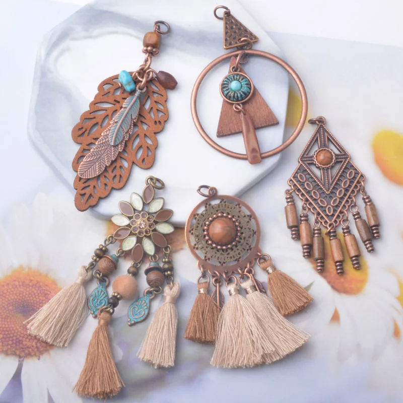 4 Stück/Set Bohemian-Stil Brauner Quastenanhänger DIY Damen-Ohrring – Detail 3