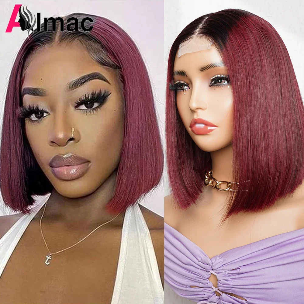 

350%Density 1B/99J Burgundy Straight Short Bob Wig Human Hair 2*6 Middle Part Brazilian Bone Straight GluelessWig Ready to Wear