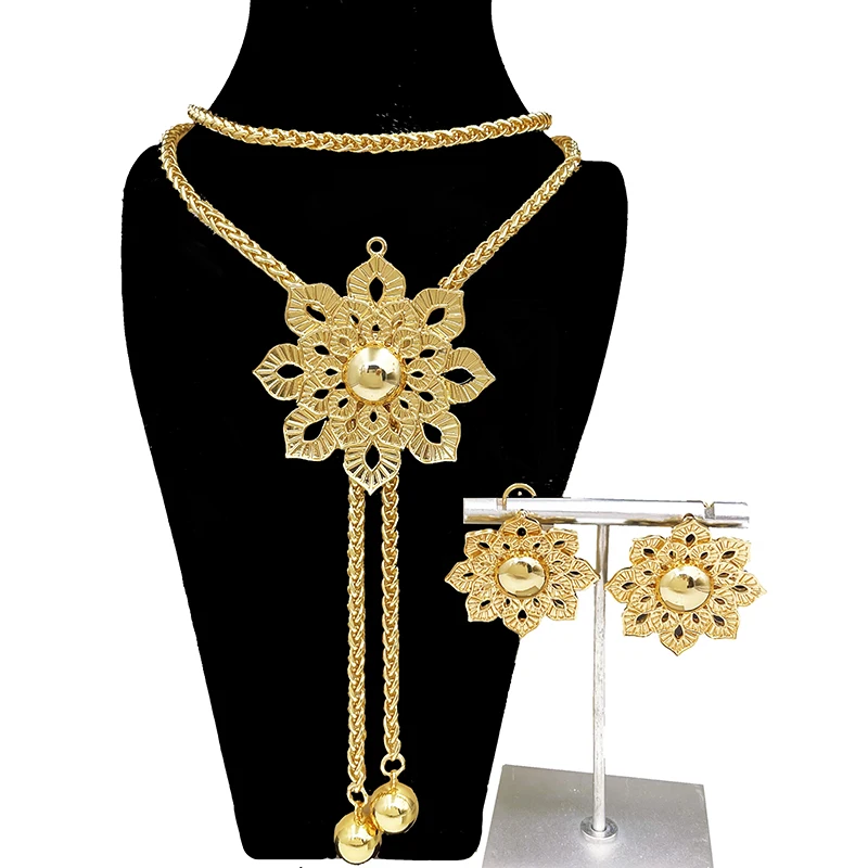 Women Necklace Earrings Set Unique Sweater Long Chain Elegant Flower Pendant Adjustable Length Wedding Party Accessories