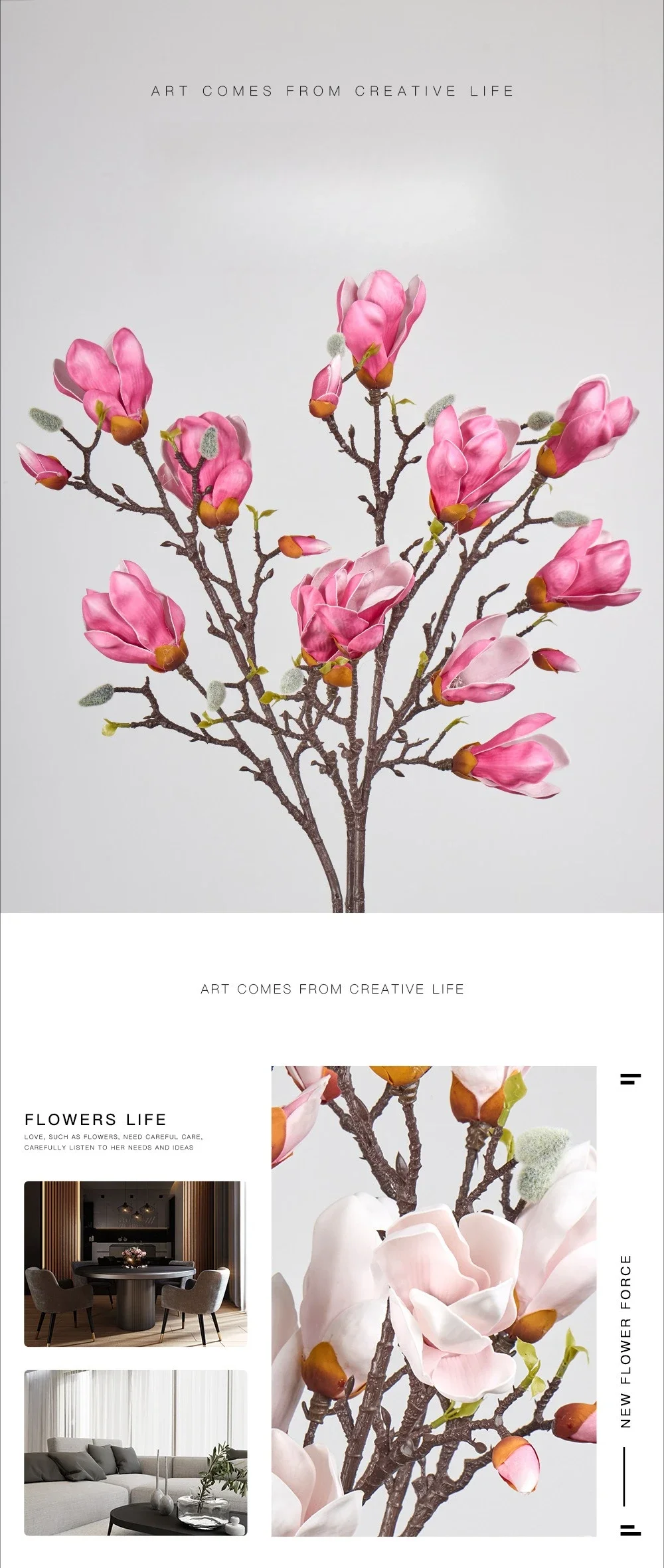 2 Stück Simulierte 6-köpfige Magnolienzweige PU Kunstblumen Künstliche Magnolienknospen Braune Blumen Einkaufszentrum Dekorationspflanze – Detail 1