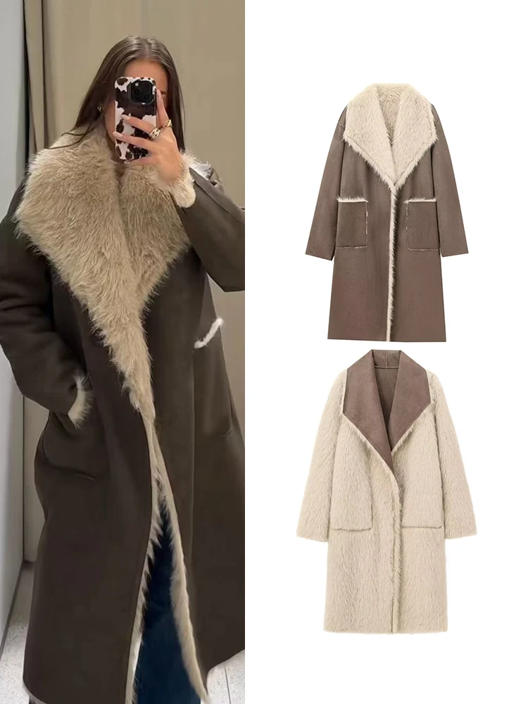 

TFMLN 2025 Autumn New Women Double-Sided Reversible Faux Fur Coat Winter Warm Casual Pocket Decoration Long Thick Loose Coat