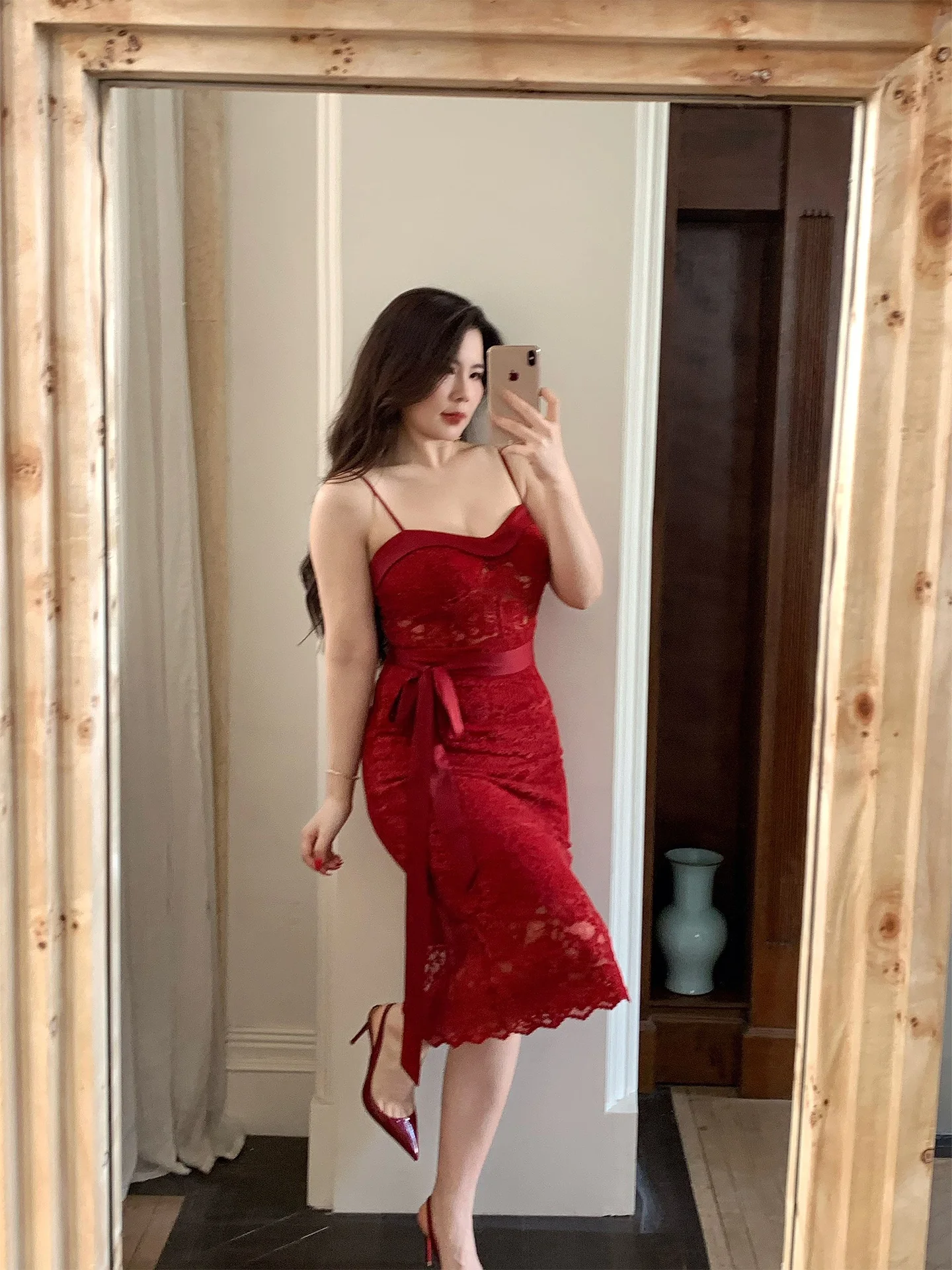 

ML Jasmine plus Size Winter New Red Lace Hollow out Strap Bodycon Midi Dr Sexy High Waist Knot Holiday Wear