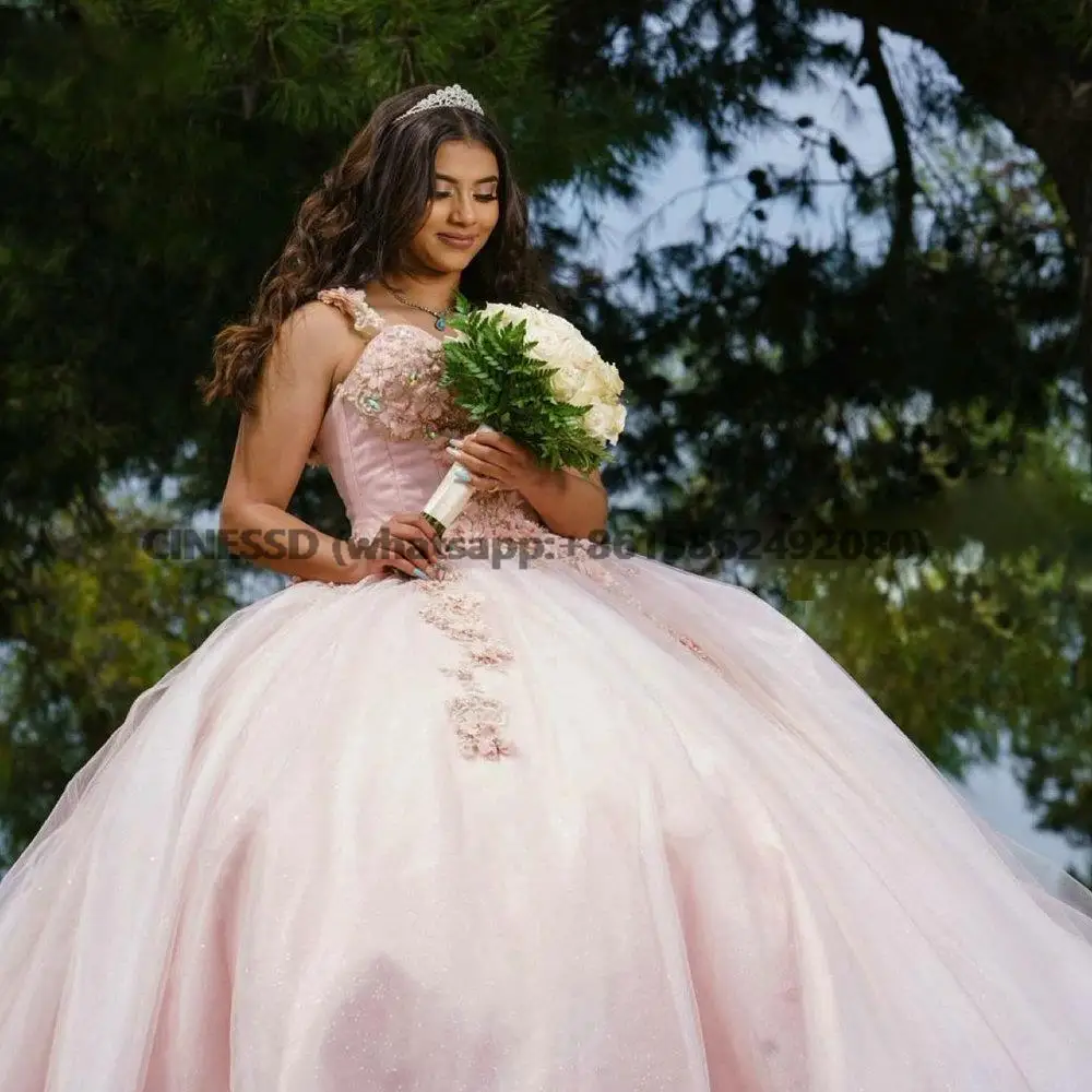 Vestido de baile de quinceañera hecho a mano con flores, apliques rosas, correa de espagueti, dulce 16, vestido de fiesta de graduación