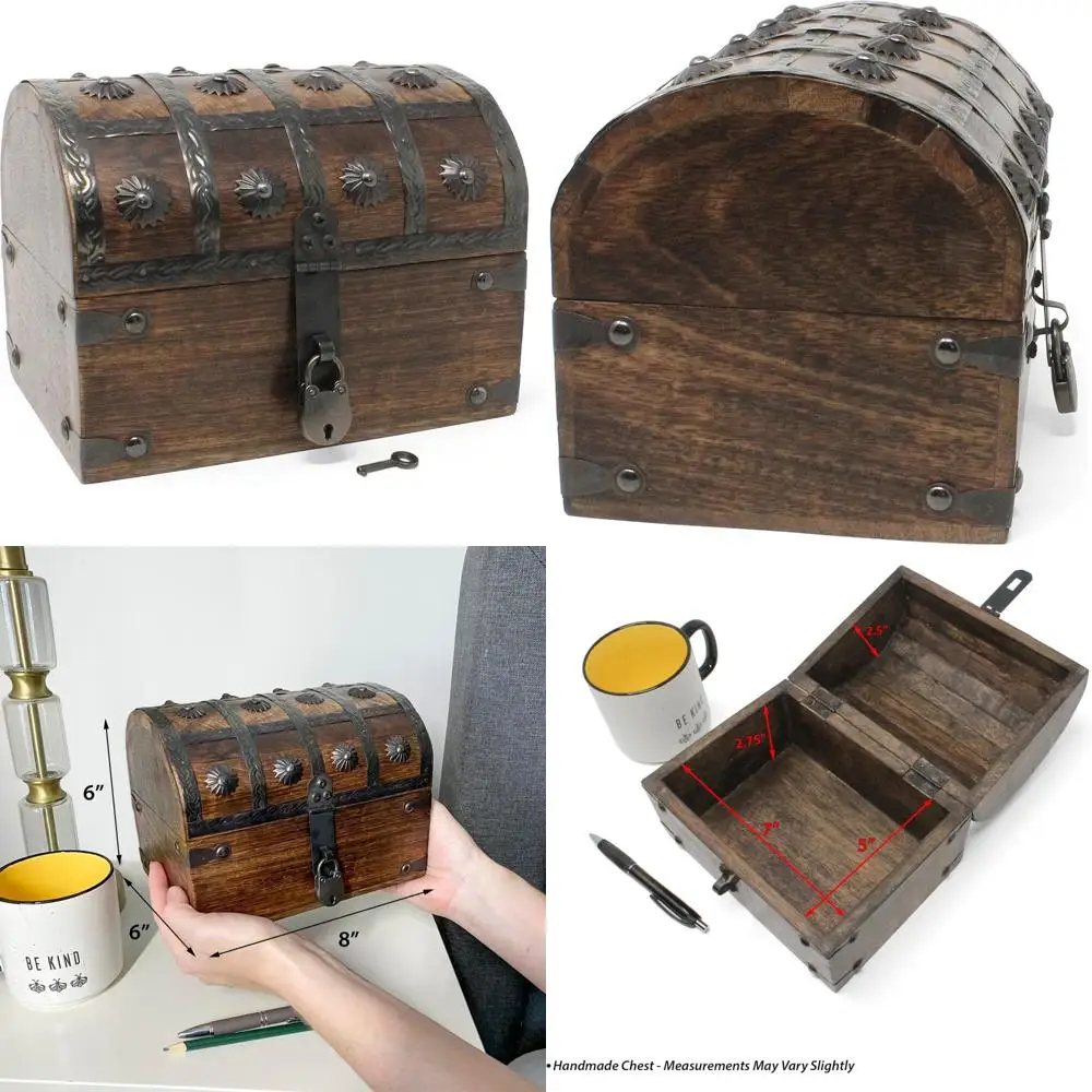 صندوق الكنز الخشبي الكبير ذو الطابع القراصنة مع قفل ومفتاح على الطراز العتيق، صندوق تخزين مزخرف للمقتنيات #1