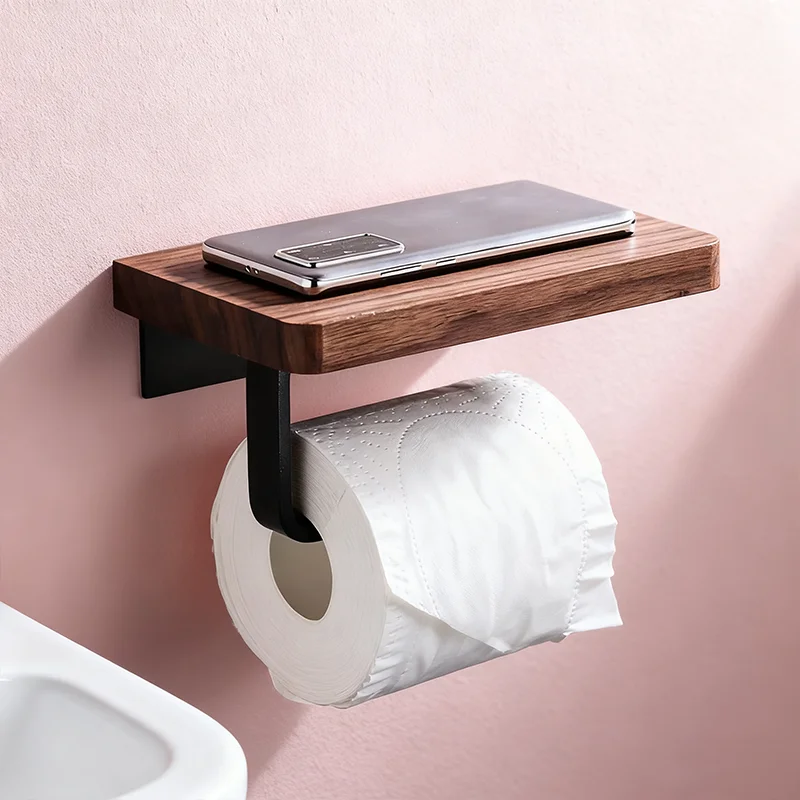 

Wooden Toilet Paper Holder Bathroom Wall Mount WC Paper Phone Holder Shelf Storage Towel Roll Shelf Accessories