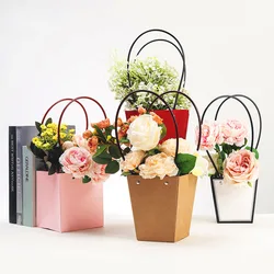 Waterproof Kraft Paper Flower Basket Portable Box Waterproof Diy Floral Flower Arrangement Material Rose Bouquet Packaging