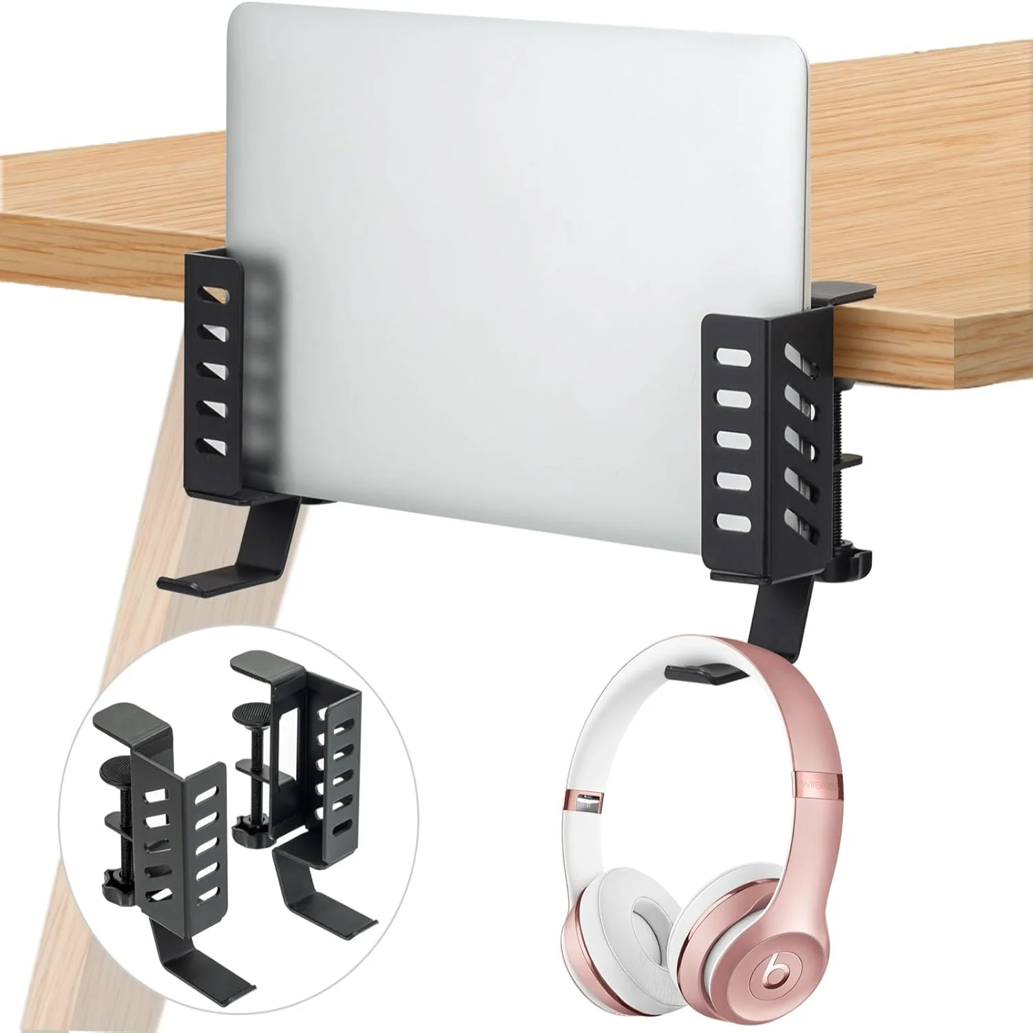 No Drill Desk Side Laptop ,Hanging Laptop Holder for Office and ，Clamp on Desk Side  Organizer for Laptops/MacBook/Book/Keyboa