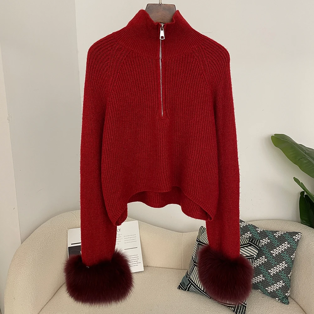 OFTBUY Knitwear Spring Pullover New Sweater Women Autumn Patchwork Real Fur Coat Zipper Underlay Loose Premium Sweater Female