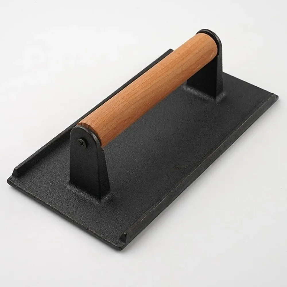 

Чугунный пресс для мяса, сверхмощная деревянная ручка, пресс для стейка, гамбургера, круглый прямоугольный гриль с плоской вершиной, мясорубка для гамбургеров