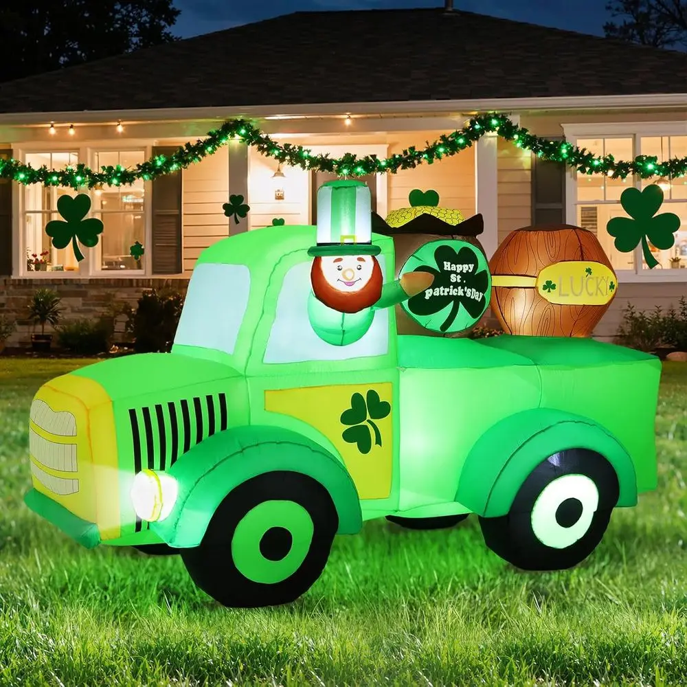 

7.87FT St Patricks Day Iatable Outdoor Decorations, Iatable Leprechaun Drive a Car with Shamrocks, Blow up Yard Decoration with