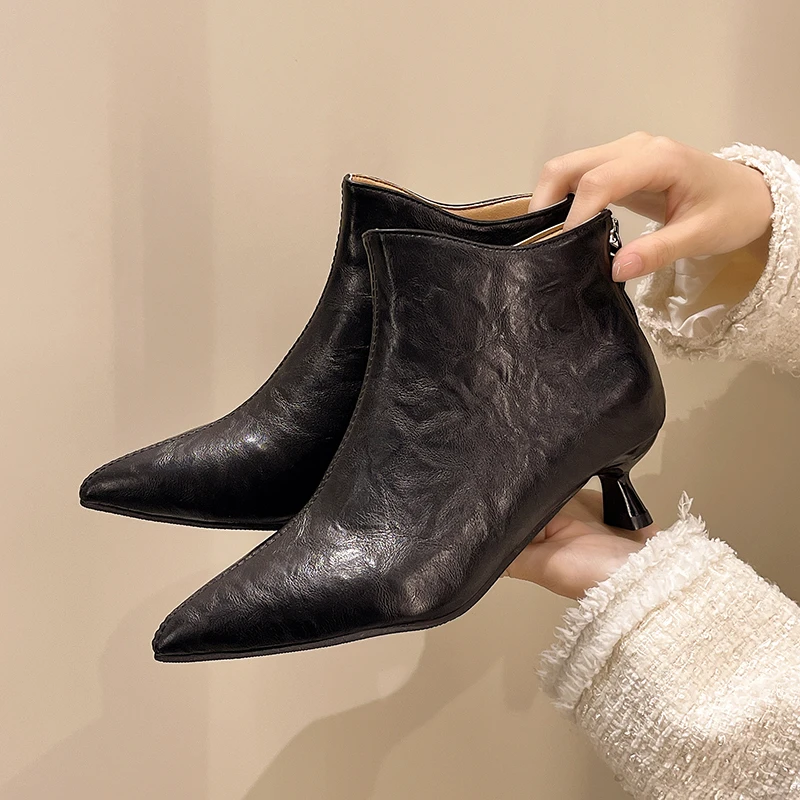 Fashion Naked Boots Spring and Autumn New Pointed Toe Back Zipper Anti-slip Wear-resistant Stiletto Shoes