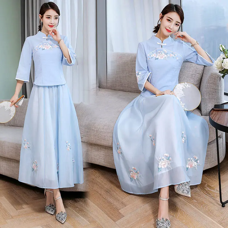 

Retro Chinese Style Vintage Hanfu Elegant Girls Women Foral Embroidered Dress for Party Daily Asian Clothes Skirts Vestidos