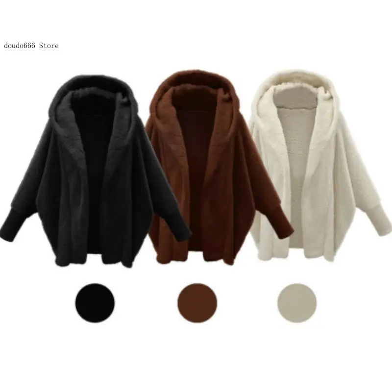 Winter Long-Sleeved Jacket Hooded Loose Plush Jacket Big Cardigan Women\'s Bat-Sleeved Clothing