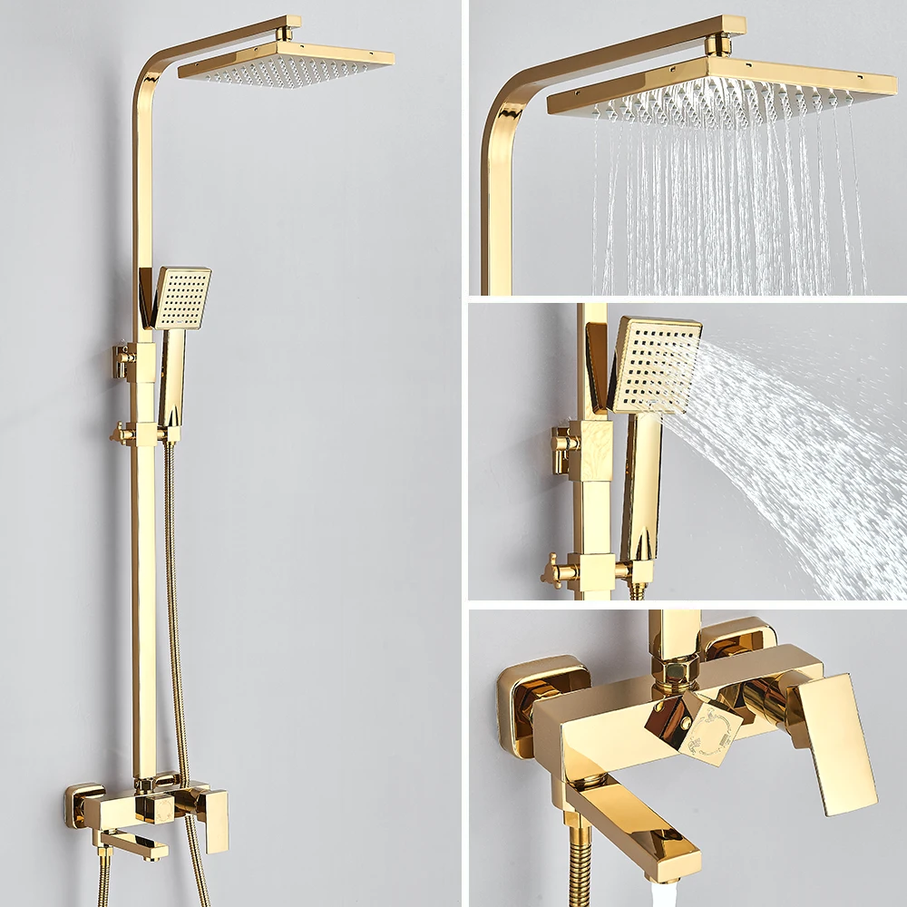 Système de douche doré 3 en 1 avec douchette à main et bec pivotant pour salle de bain, baignoire et robinet de douche