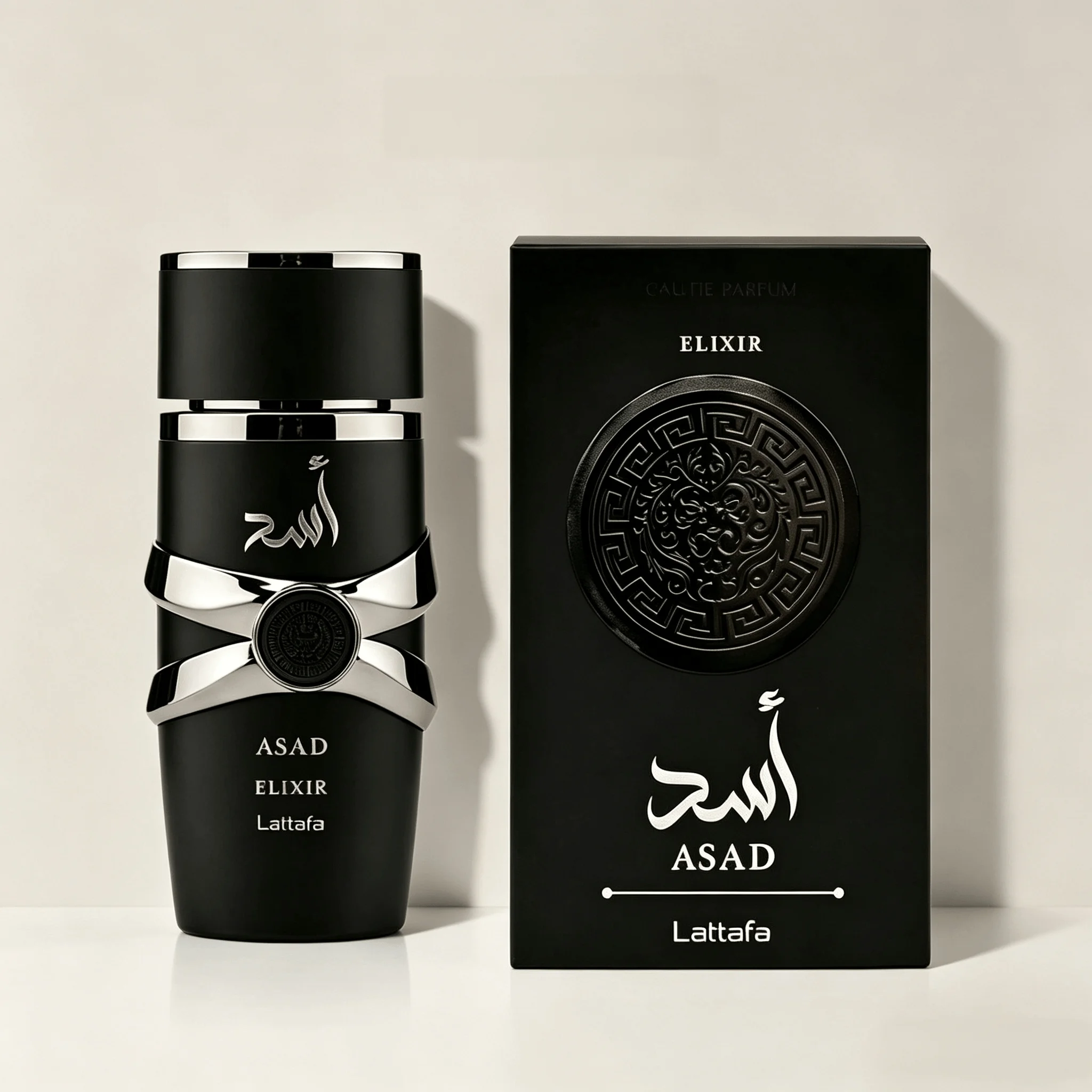 Lattafa Asad Elixir - Asad Essence 100ml, an Oriental Woody Gourmet Fragrance, with a Black Matte Bottle and Silver Cross-Metal Decorative Rings. It Has an Extremely Strong Fragrance Retention: a Rich Scent Typical of Middle Eastern EDP.