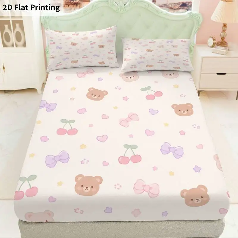 3Pcs Bearcherry Fitted Sheet Three Piece Set (1*Fitted Sheet + 2*Pillowcases, Coreless), Bedding Set.