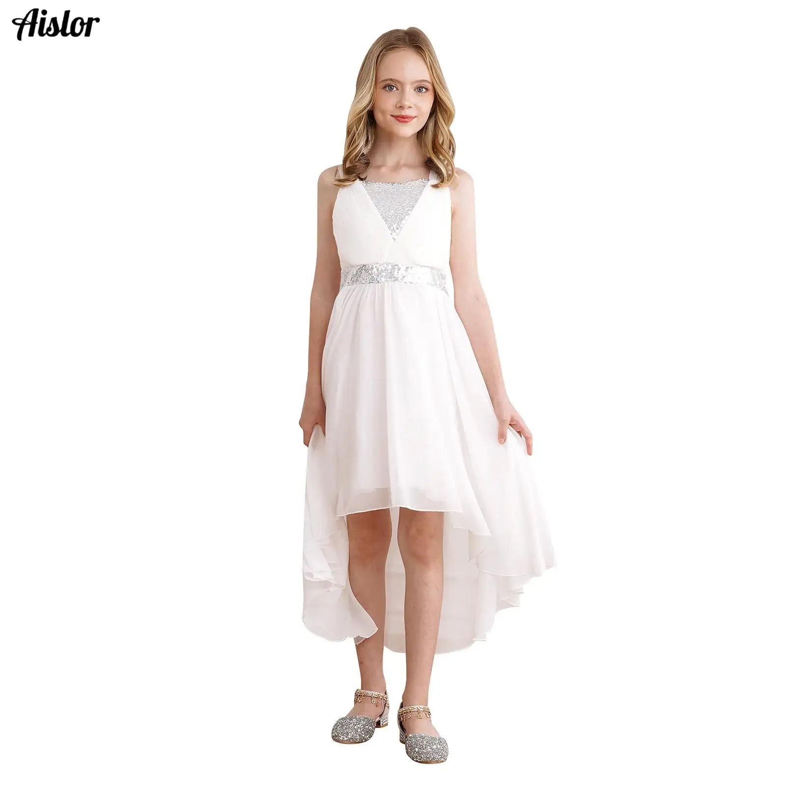 

Girls Party Chiffon Dress Princess Flower Girls Sequins Ruched Sleeveless High-low Dresses Wedding Birthday Bridesmaid Dancewear