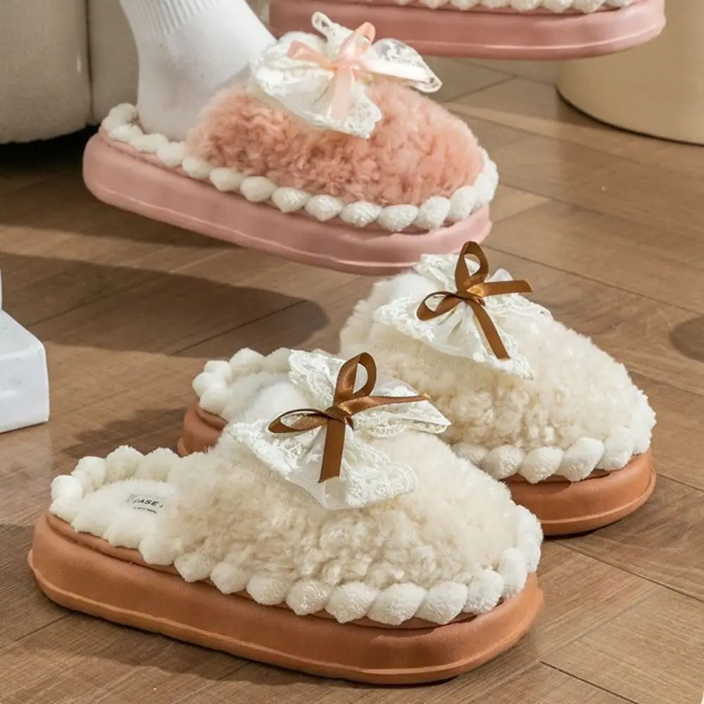 

Casual Lace Bow Plush Bowtie Slippers Thick-soled Non-slip Thick Warm Slippers Household Sweet Home Indoor Shoes Women