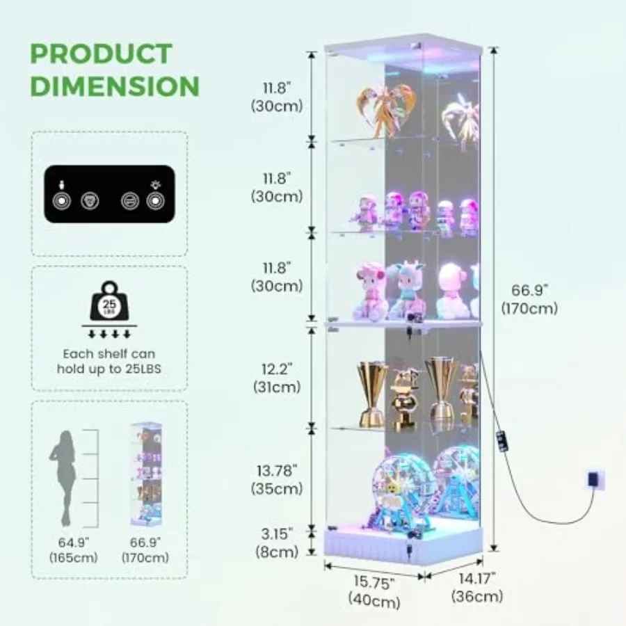 White corner glass display cabinet for gaming room collectibles, tempered glass and MDF, sleek modern design with adjustable sh