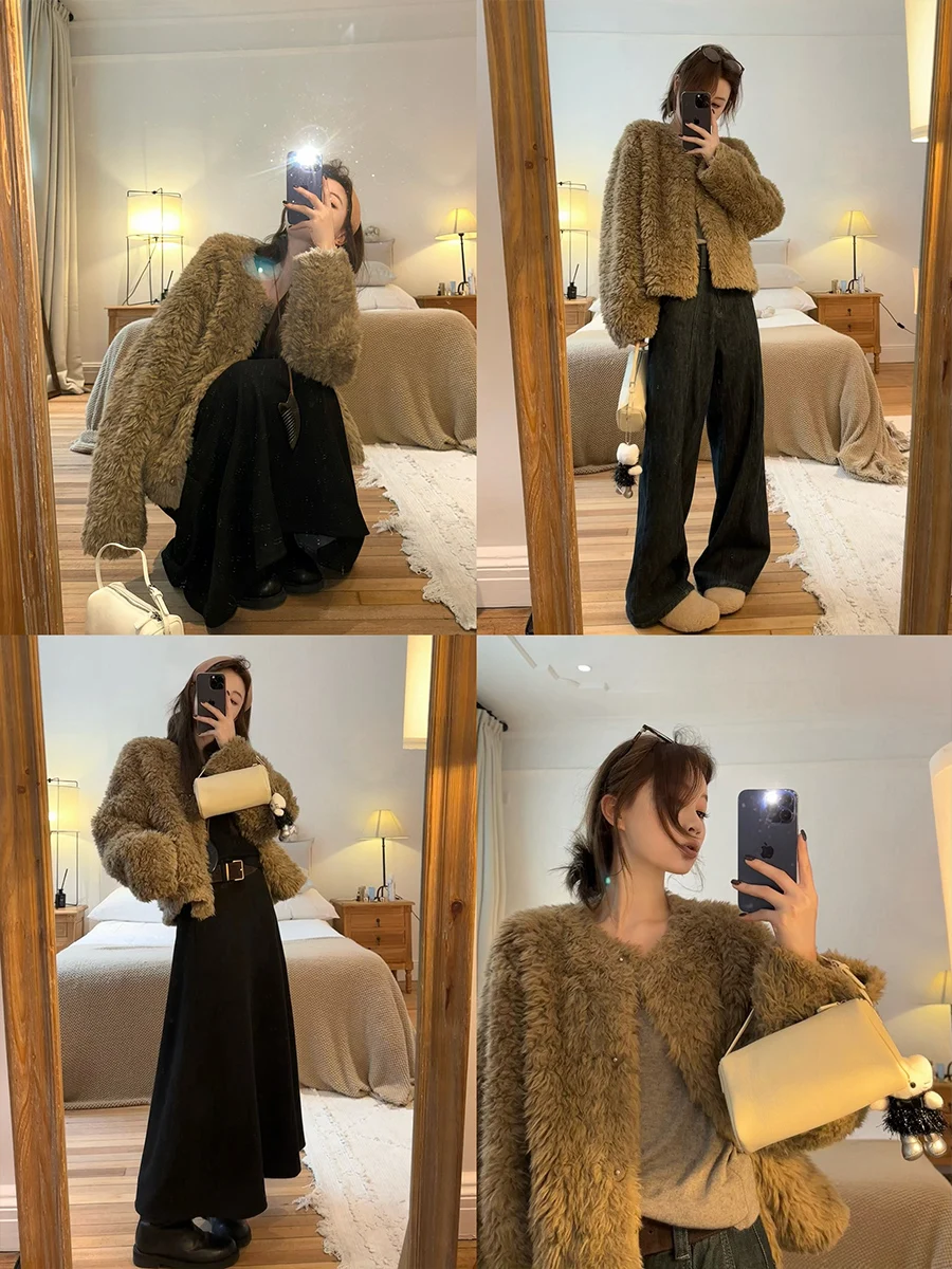 

Женская куртка из искусственного меха с кожаными вставками, экологичная, цвета карри, TGL Sli, для повседневной носки, стильное пальто