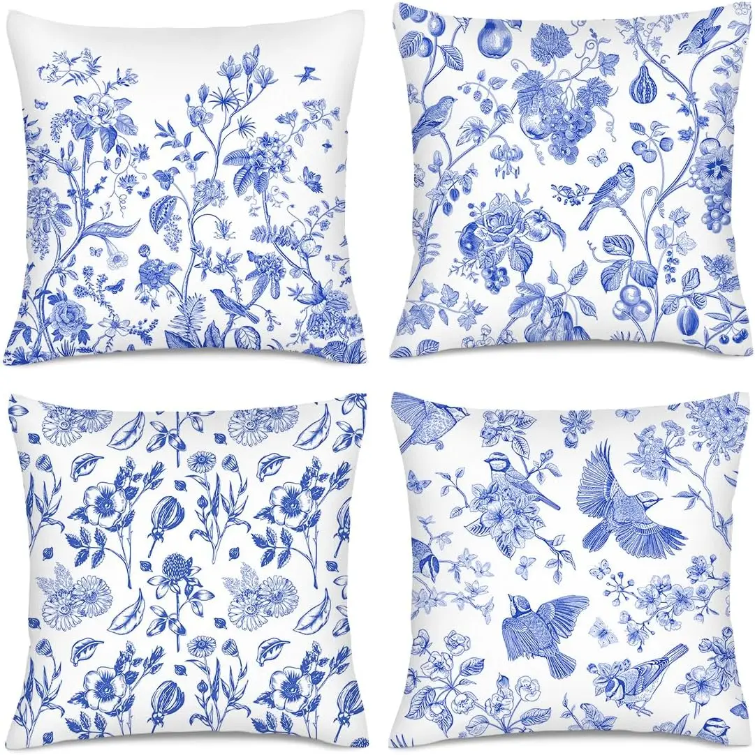 

4Pcs Blue and White Floral Throw Pillow Covers, Toile De Jouy Style Cushion Cases with Birds and Fruits for Living Room Sofa
