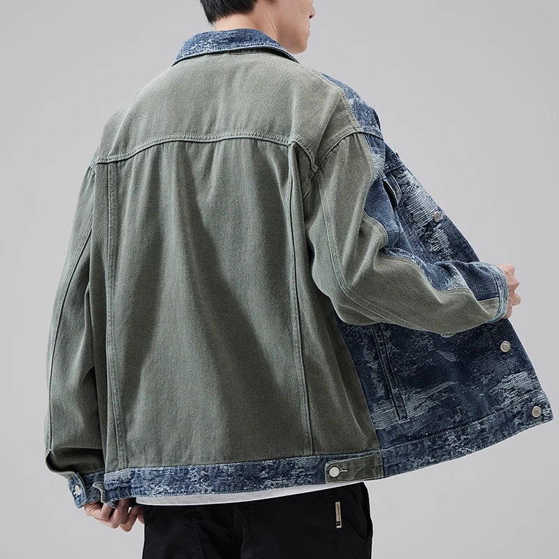 Jaket Jepang Retro baru 2024 pria ukuran plus mode desain jahitan dicuci tren jalan kerah longgar pakaian denim Y2K