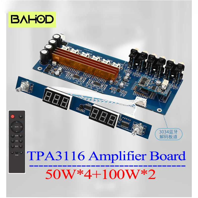 

BAHOD TPA3116 amplifier board 5.1 channel HIFI digital remote control volume QCC3034 APTX 5.1 Bluetooth Audio Amplifier Board