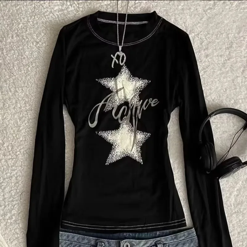 2026 New Black Star Print Women's T-Shirt Long Sleeve Round Neck Retro Slim Fit Casual Graphic Tee Spring Autumn Streetwear Top