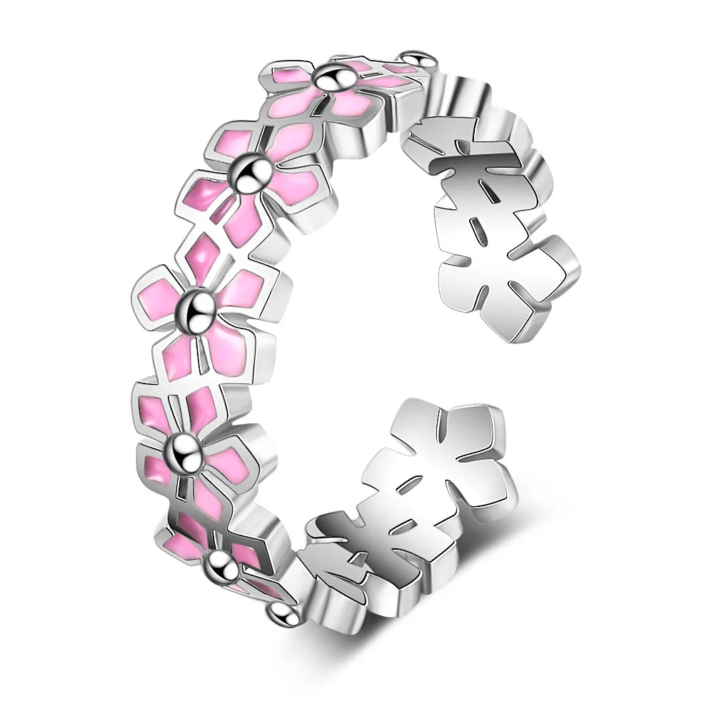 925 Sterling Silver Pink Enamel Flower Open Ring Pink Wreath Finger Ring Stacking for Women Birthday Gift Sweet Fine Jewelry