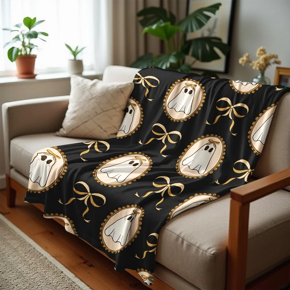 Coquette Ghost Bow Frame Tile Soft Flannel Blanket Breathable Warm Throw for Office Car Sofa Kids Room Birthday Xmas Gift
