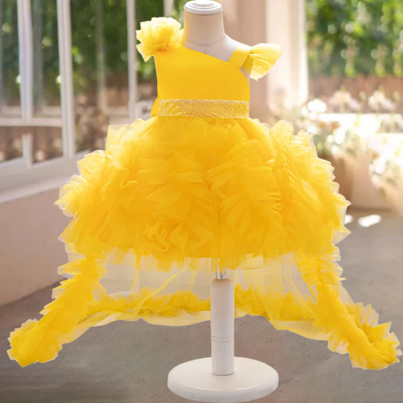 

Fashion Pleated Sequin Girls Trailing Party Dress Baptism Tulle 1st Birthday Wedding Bow Prom Dresses Gala Christmas Prom Gown