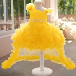 Fashion Pleated Sequin Girls Trailing Party Dress Baptism Tulle 1st Birthday Wedding Bow Prom Dresses Gala Christmas Prom Gown