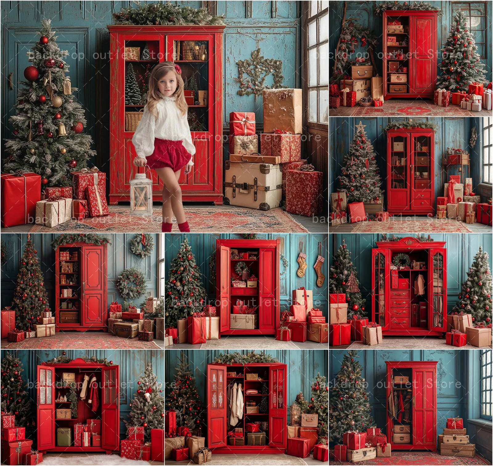 

Мехофонд Рождественский фон для фотосъемки Ретро Красный шкаф Рождественская елка Подарки Дети Семейный портрет Украшения Фотофоны
