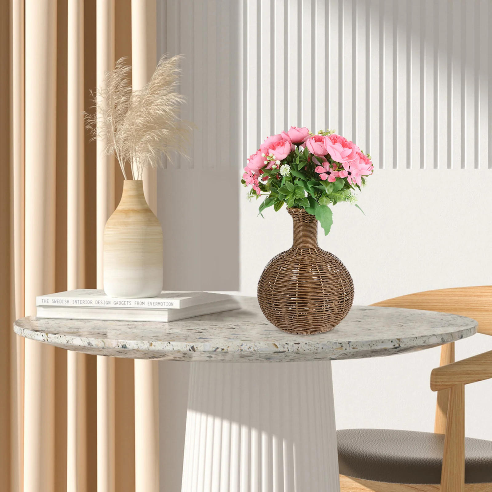 

Rustic Plastic Rattan Vase Woven Flower Basket Decorative Basket Vase for Office Home Desktop Decoration