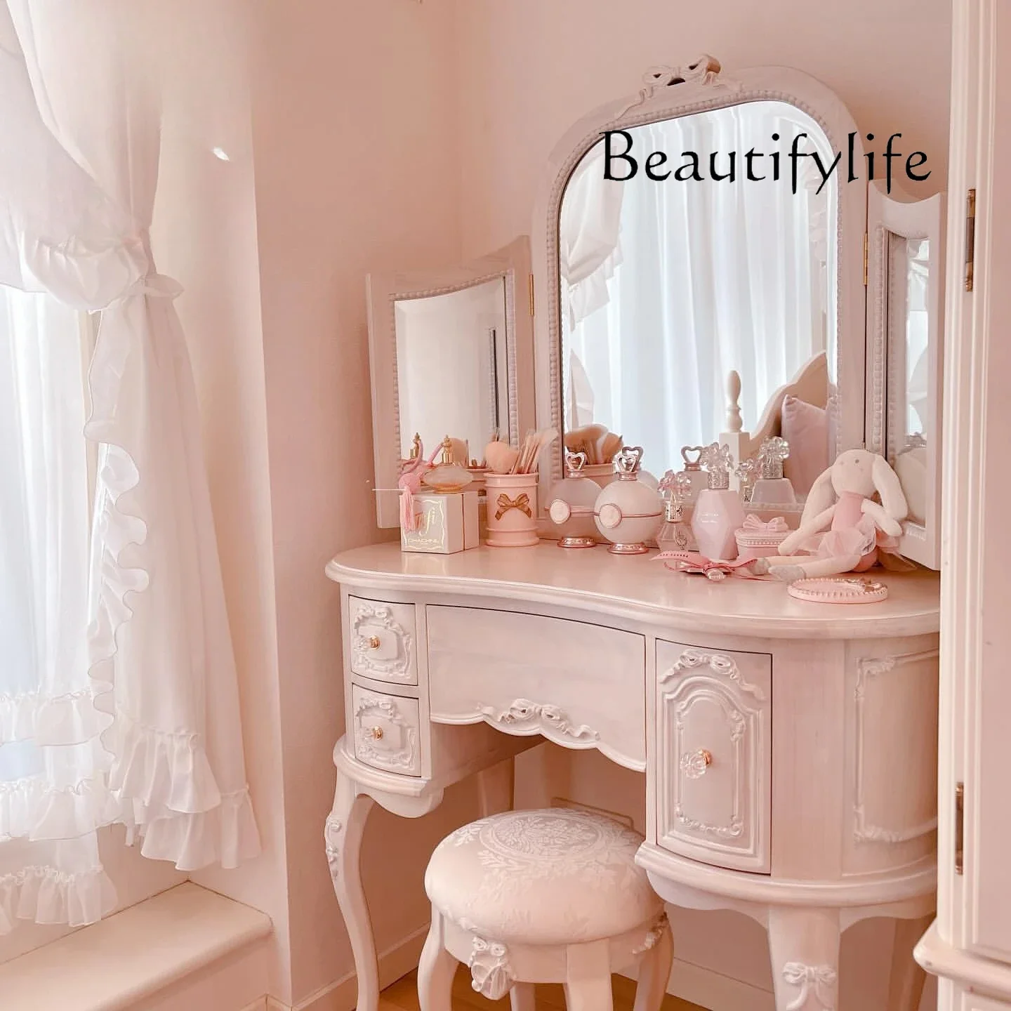 

u ZY French Solid Wood Pink Bedroom Pink Princess Style Dressing Table American Engraved Flower With Mirror Dressing Table Furni