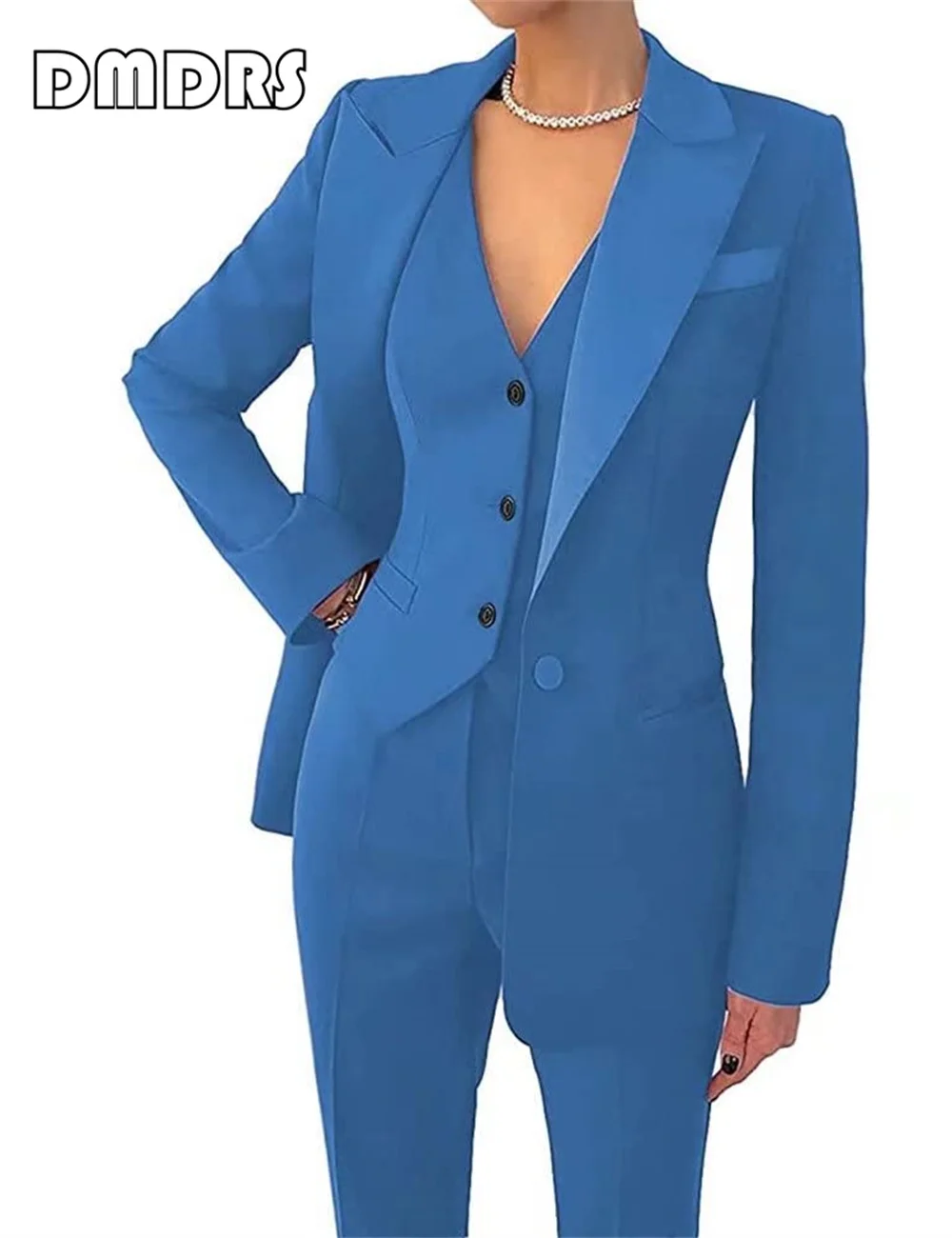 Solid Slim Fitting Women Suit Set 3 Pieces One Button Blazer Vest Pants Set Plus Size Formal Tuxedo With Pocket